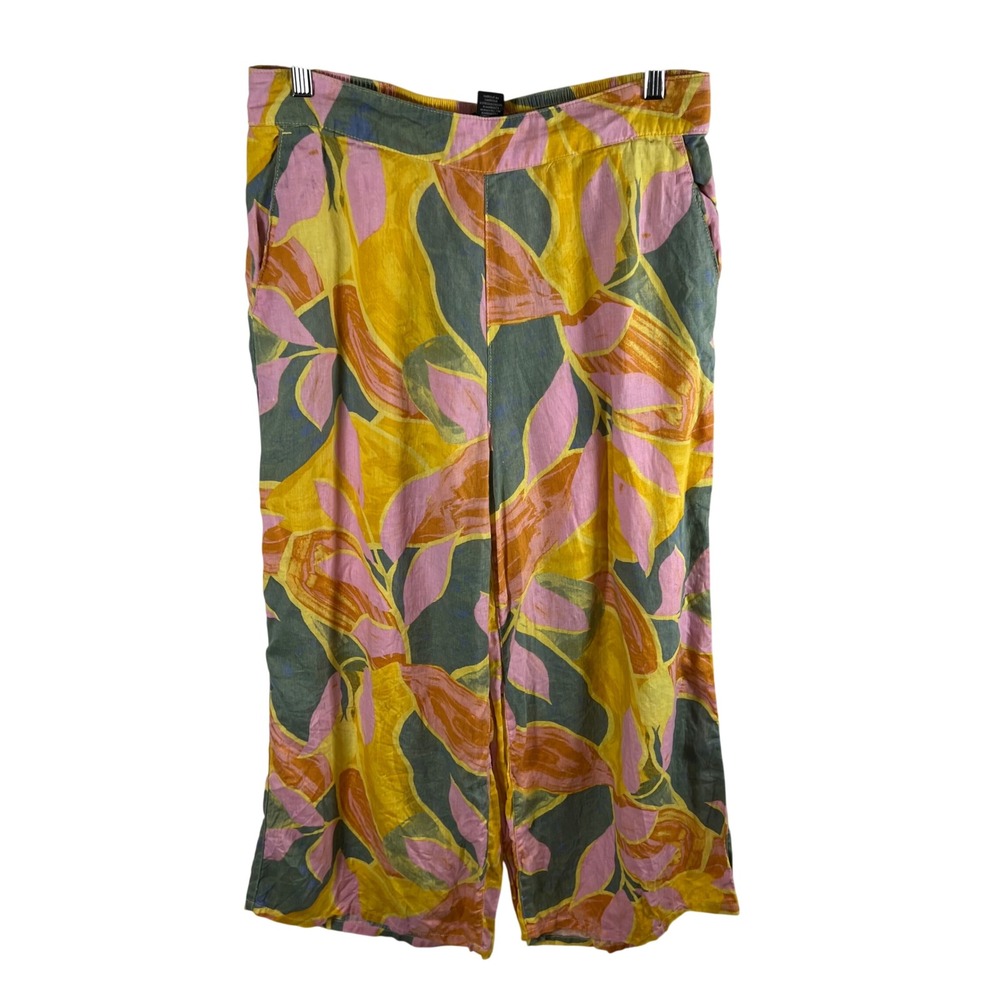 Tahari Womens 100% Linen Wide Leg Tropical Leaf Print Pants Pink Yellow‎ Large